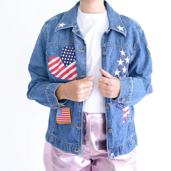 Vintage Cherokee Patriotic USA Flag Stars Blue Denim Button Up Jacket L - Picture 2 of 12